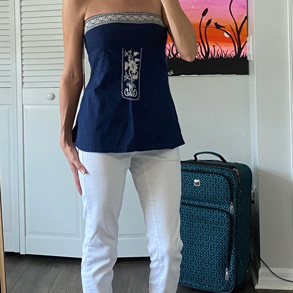 J Crew Navy Strapless Top w/Embroidered Detail